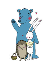 Cute cartoon bear, hedgehog, hare and bird.