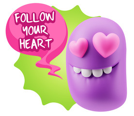 3d Rendering. Emoji in love with heart eyes saying Follow Your H