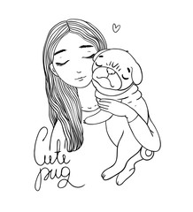 Beautiful young girl and a cute pug.