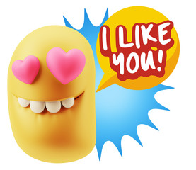 3d Rendering. Emoji in love with heart eyes saying I Like You wi