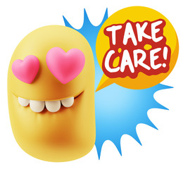 3d Rendering. Emoji in love with heart eyes saying Take Care wit