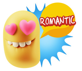 3d Rendering. Emoji in love with heart eyes saying Romantic with