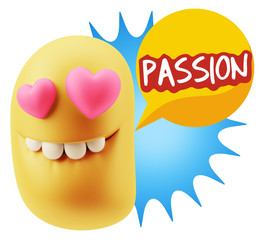 3d Rendering. Emoji in love with heart eyes saying Passion with