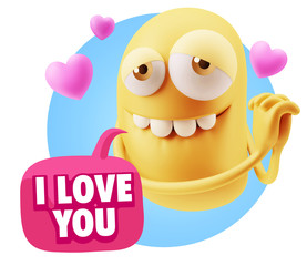  3d Rendering. Emoji in love with hearts shapes saying I Love Yo