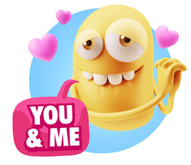  3d Rendering. Emoji in love with hearts shapes saying You And M