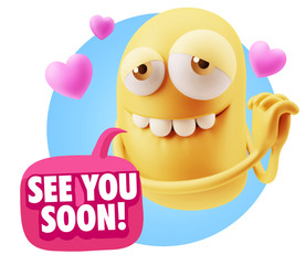  3d Rendering. Emoji in love with hearts shapes saying See You S