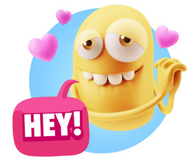 3d Rendering. Emoji in love with hearts shapes saying Hey with