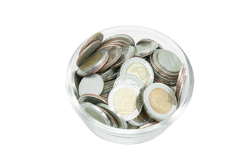 Coins money in glass jar,Piggy Bank,Savings, Currency Glass bank for tips with money isolated on white background