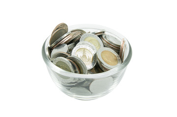 Coins money in glass jar,Piggy Bank,Savings, Currency Glass bank for tips with money isolated on white background