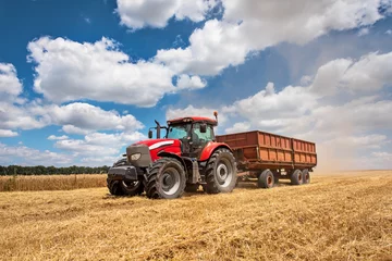 Foto auf Acrylglas Traktor Moderner roter Traktor auf dem landwirtschaftlichen Feld an sonnigen Sommertagen