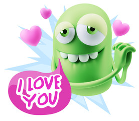  3d Rendering. Emoji in love with hearts shapes saying I Love Yo