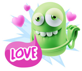  3d Rendering. Emoji in love with hearts shapes saying Love with