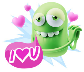  3d Rendering. Emoji in love with hearts shapes saying I Love U