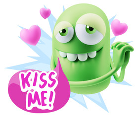  3d Rendering. Emoji in love with hearts shapes saying Kiss Me w