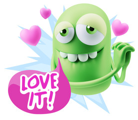  3d Rendering. Emoji in love with hearts shapes saying Love It w