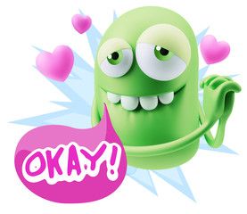  3d Rendering. Emoji in love with hearts shapes saying Okay with