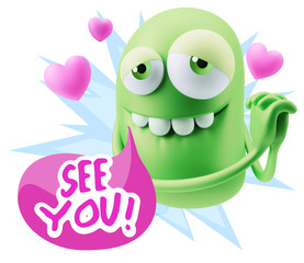  3d Rendering. Emoji in love with hearts shapes saying See You w