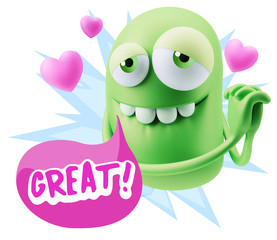  3d Rendering. Emoji in love with hearts shapes saying Great wit