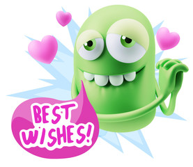  3d Rendering. Emoji in love with hearts shapes saying Best Wish