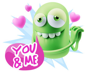  3d Rendering. Emoji in love with hearts shapes saying You And M