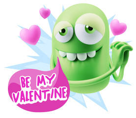  3d Rendering. Emoji in love with hearts shapes saying Be My Val