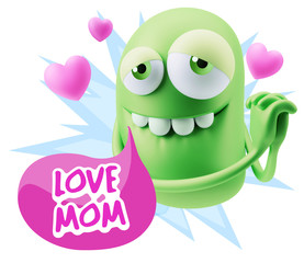  3d Rendering. Emoji in love with hearts shapes saying Love Mom