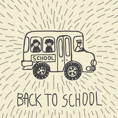 Back to school hand drawn doodle card with school bus and kids
