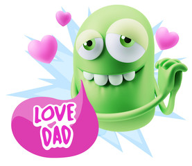  3d Rendering. Emoji in love with hearts shapes saying Love Dad