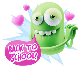  3d Rendering. Emoji in love with hearts shapes saying Back To S