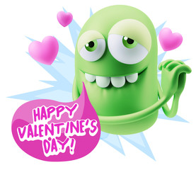  3d Rendering. Emoji in love with hearts shapes saying Happy Val