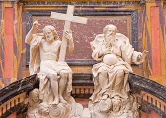 SEGOVIA, SPAIN, APRIL - 15, 2016: The statue of Holy Trinity on the transchoir in Cathedral Nuestra Senora de la Asuncion y de San Frutos de Segovia by Hubert Dumandre (17. cent.)