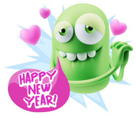  3d Rendering. Emoji in love with hearts shapes saying Happy New