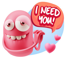  3d Rendering. Emoji in love with hearts shapes saying I Need Yo