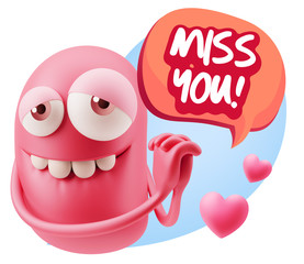  3d Rendering. Emoji in love with hearts shapes saying Miss You