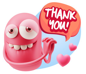  3d Rendering. Emoji in love with hearts shapes saying Thank You