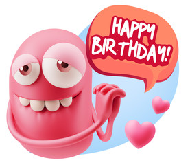  3d Rendering. Emoji in love with hearts shapes saying Happy Bir