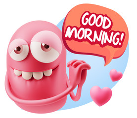  3d Rendering. Emoji in love with hearts shapes saying Good Morn