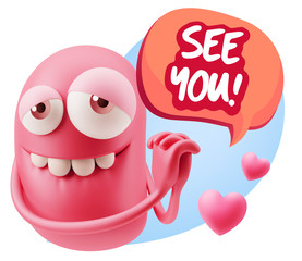  3d Rendering. Emoji in love with hearts shapes saying See You w