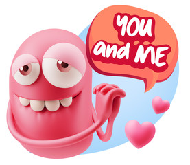  3d Rendering. Emoji in love with hearts shapes saying You And M