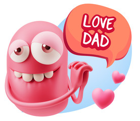  3d Rendering. Emoji in love with hearts shapes saying Love Dad