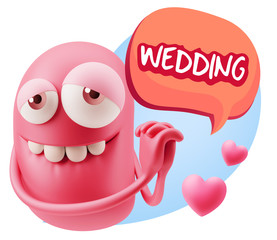  3d Rendering. Emoji in love with hearts shapes saying Wedding w