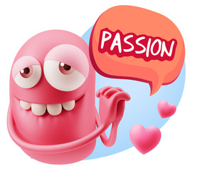  3d Rendering. Emoji in love with hearts shapes saying Passion w