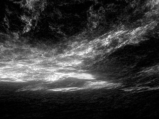 Abstract futuristic background -  computer-generated image. Unusual sky with vanishing point. Fairy cloud and lighting dots like stars. Space or technology backdrop.