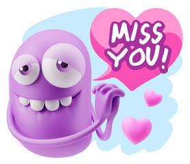  3d Rendering. Emoji in love with hearts shapes saying Miss You
