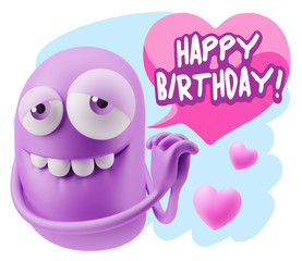  3d Rendering. Emoji in love with hearts shapes saying Happy Bir