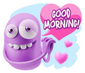  3d Rendering. Emoji in love with hearts shapes saying Good Morn