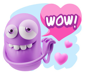  3d Rendering. Emoji in love with hearts shapes saying Wow with