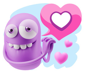  3d Rendering. Emoji in love with hearts shapes saying Love with