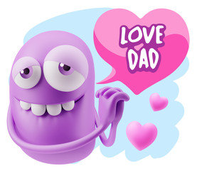  3d Rendering. Emoji in love with hearts shapes saying Love Dad