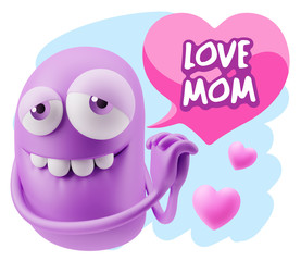  3d Rendering. Emoji in love with hearts shapes saying Love Mom
